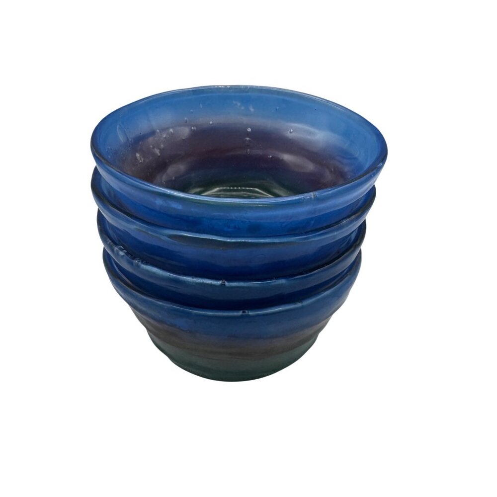 Handblown Multicolor Glass Bowl Set of 4 Waves Design Decorative Accent